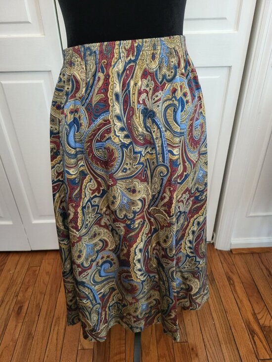 BonWorth Dresses & Skirts - Vintage 90s Bonworth Blue Red Paisley Midi Skirt L Boho Preppy Patriotic Modest